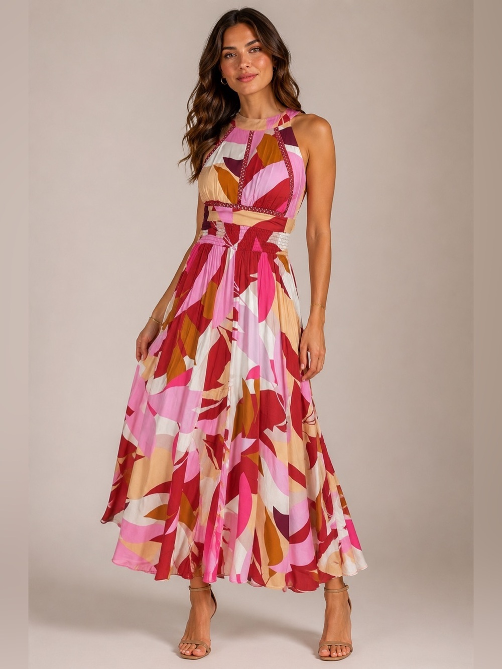 Abel The Label Pink Abstract Floral Back Cutout Boho Maxi A-line Dress XS
